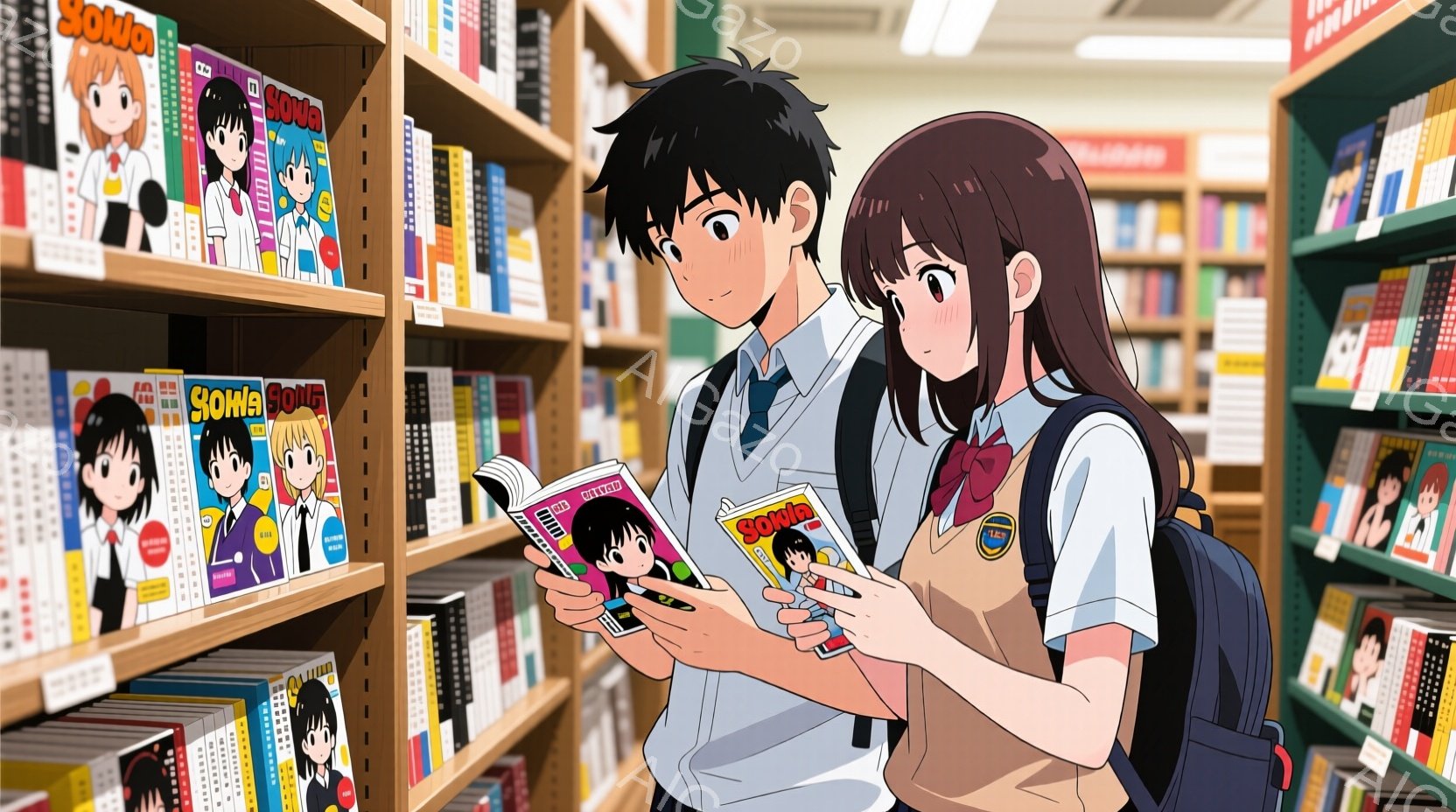 書店の一角で漫画を見ている少年と少女が描かれています。少年は黒髪で、制服のシャツとセーターを着ており、少女は茶髪で同じ制服を着ています。二人は漫画に集中して見つめており、背景には漫画が並んだ本棚が広が - AI生成フリー素材
