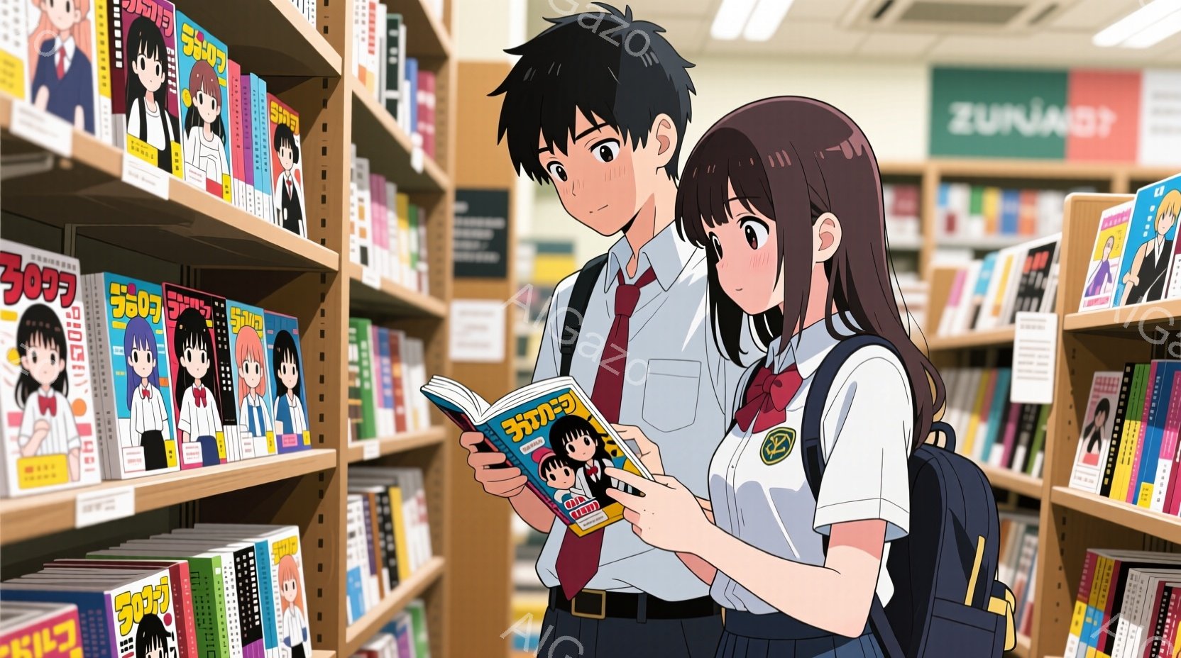 図書館と思われる場所で、制服を着た少年と少女が描かれています。少女は長い黒髪で、制服姿に赤いリボンを付けており、少年は黒髪で、少し照れたような表情をしています。二人は肩を寄せ合い、少女が持っている漫画を一緒に見ており、周りには漫画の棚が並んでいます。