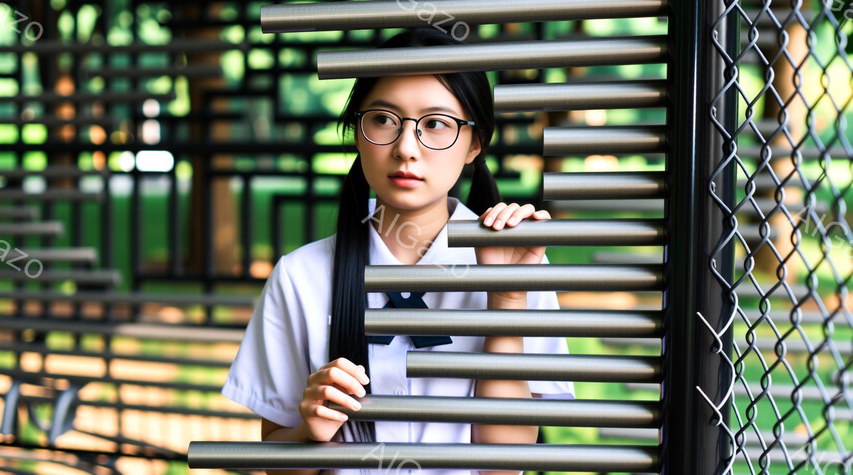 若い女性が金属製の柵の前に立っており、白いシャツにネクタイ、そして眼鏡をかけている。彼女は髪を左右に分けており、少し物憂げな表情をしている。背景には緑豊かな植物が見え、柵の構造が影を作り、幾何学的な雰囲気を醸し出している。