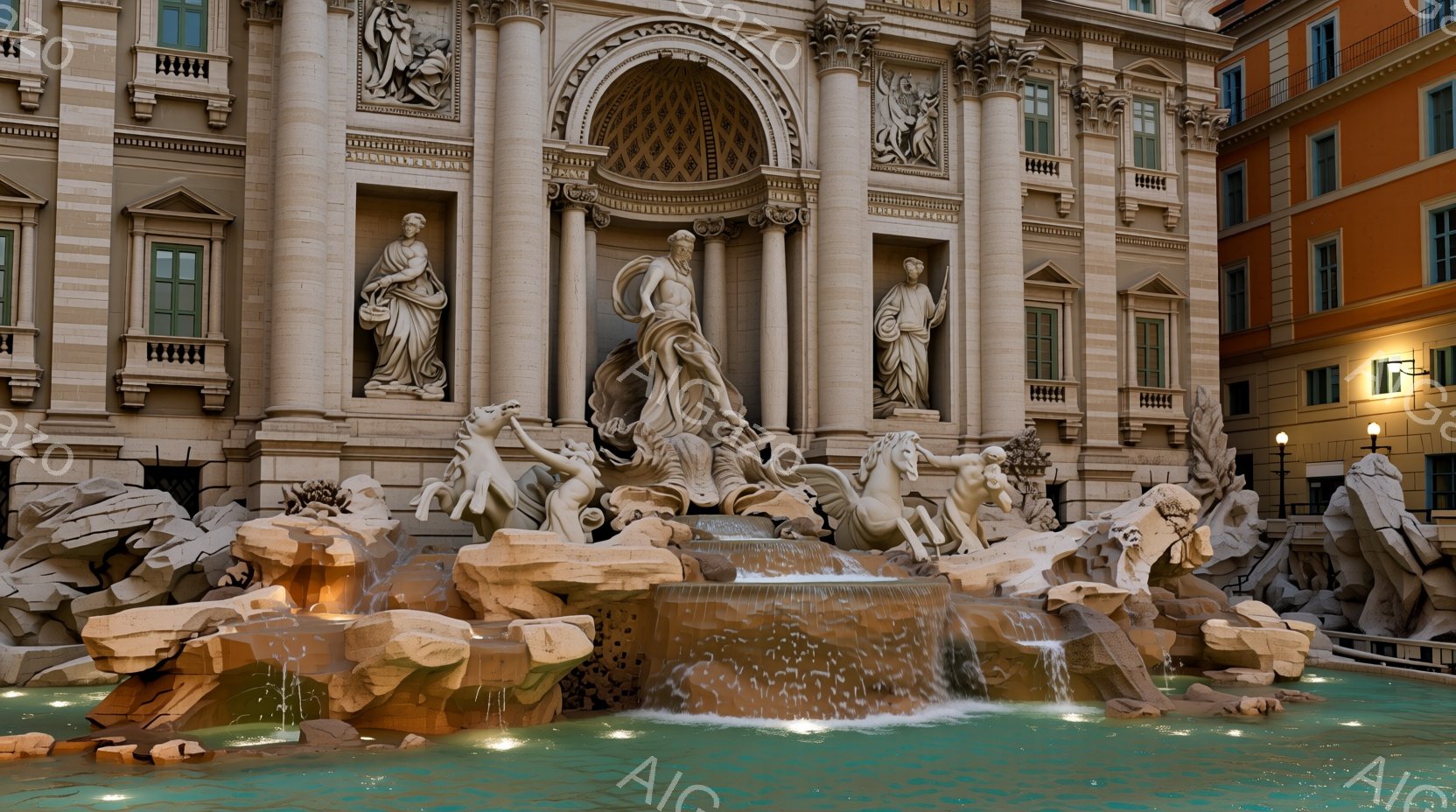 壮大なバロック様式の噴水台の様子を捉えています。彫刻は筋肉質で、ダイナミックなポーズをとっており、中央には海神ネプチューンが馬車を操る姿が描かれています。背景には、ベージュ色の古典的な建物が立ち並び、天候は晴れており、水面には光が反射して幻想的な雰囲気を醸し出しています。
