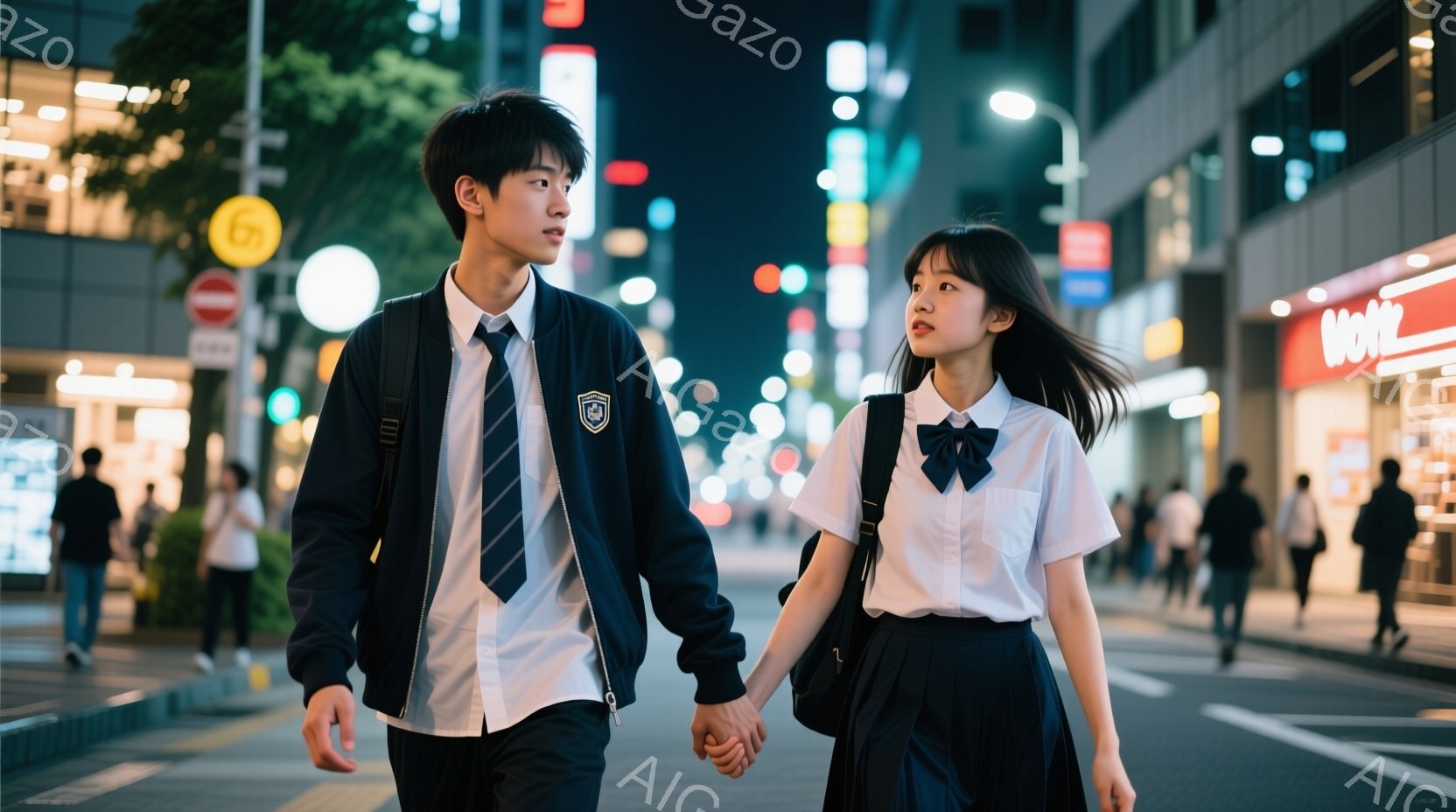 雨が降る中、制服を着た少年と少女が寄り添い、傘を共有している。少年は黒髪で、少し憂いを帯びた表情をしている。少女はロングヘアで、横顔を見せ、どこか物憂げな雰囲気を漂わせている。