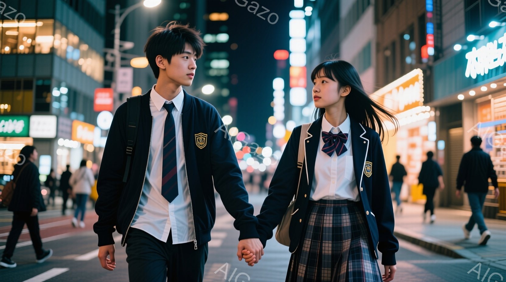 制服を着た若い男女が手を繋いで歩いている。少年は白いシャツにネクタイ、紺色のブレザー、黒いズボンを着用し、少女は白いシャツにリボン、チェック柄のスカート、紺色のブレザーを着用している。背景には夜の街並 - AI生成フリー素材