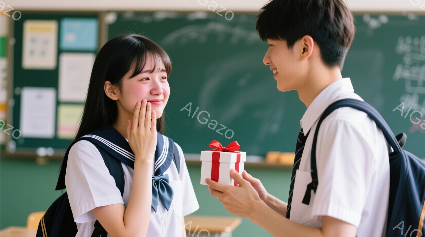 制服姿の女子生徒が、片手で頬を覆い、少し照れた表情で少年を見つめている。少年は赤いリボンで飾られた小さなギフトボックスを女子生徒に差し出しており、二人の間には優しい空気が漂っている。教室の黒板には文字が書かれており、背景には机と椅子が見え、学校らしさを感じさせる。