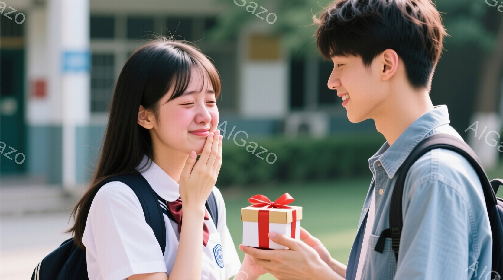 制服を着た若い女性が、赤いリボンで飾られた小さな赤いギフトボックスを受け取る様子が写っています。彼女は驚きと感動で顔を覆い、笑顔を見せています。背景には緑豊かな木々と建物の影が見え、晴れた日の屋外でロマンチックな雰囲気が漂っています。
