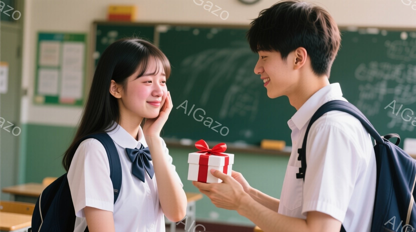 制服を着た女子学生は、頬を赤らめ、嬉しそうに微笑んでいます。彼女の髪は長く、ストレートで、肩にかかっています。男子学生は、赤いリボンで結ばれた小さな贈り物を女子学生に差し出し、彼女を見つめて微笑んでいます。教室の背景には、黒板と机があり、全体的に明るく、甘い雰囲気が漂っています。