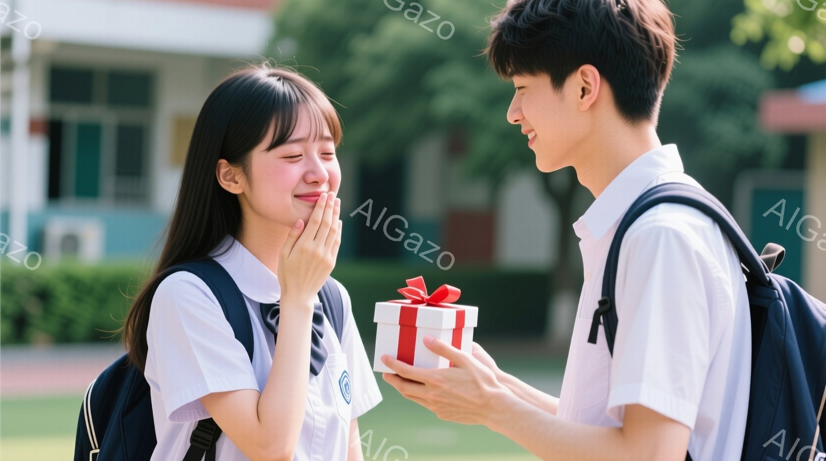 制服を着た女子生徒がプレゼントを受け取り、嬉しさで顔を覆っています。男子生徒は彼女に赤いリボンで結ばれた白い箱を差し出しています。背景には、緑豊かな木々と校舎の一部が見え、晴れた日の温かい雰囲気が漂っています。