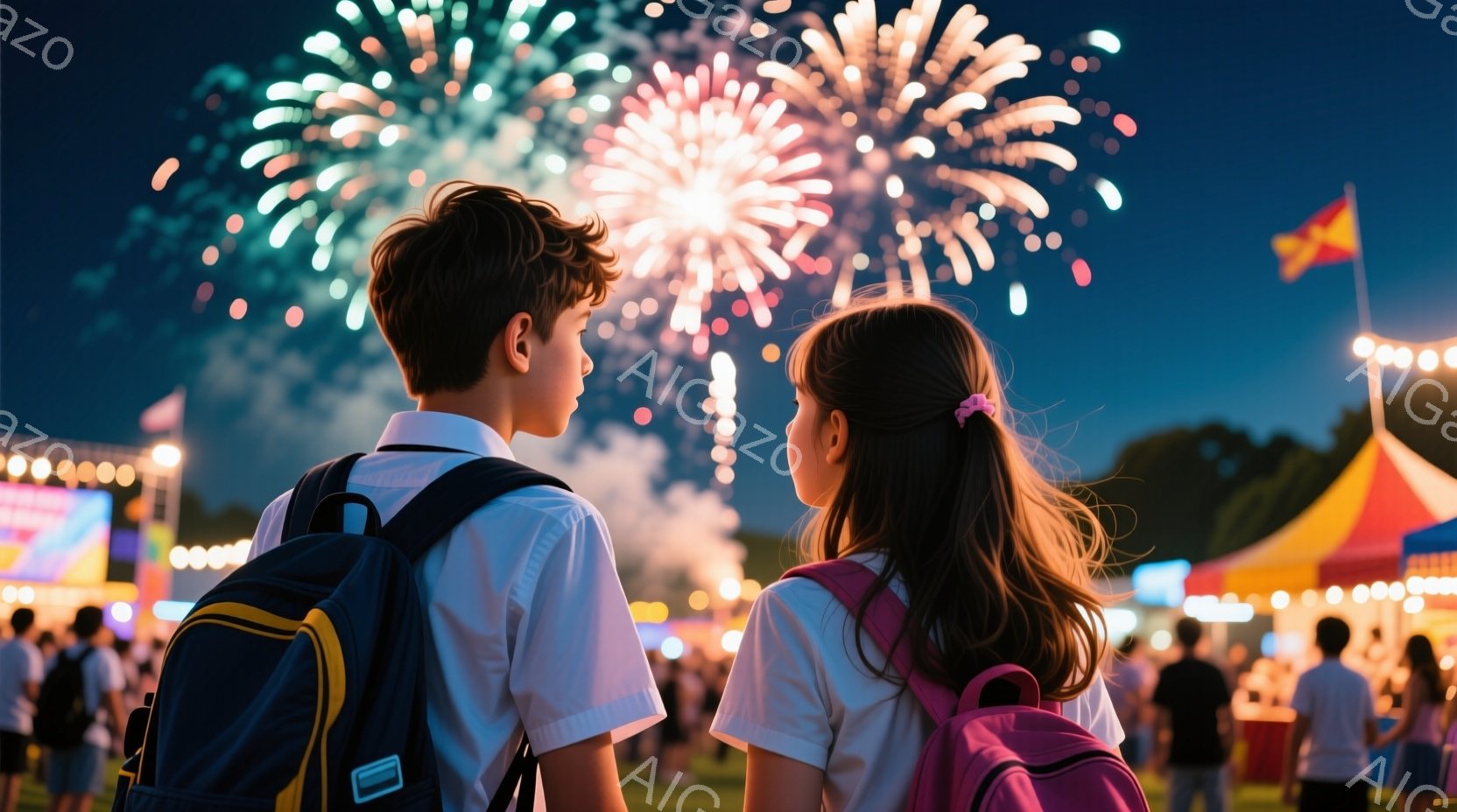 少年と少女が花火を見上げており、背中にそれぞれリュックサックを背負っています。少年は短髪で白いシャツを着ており、少女はポニーテールで同じく白いシャツを着ています。背景には多くの人々や屋台がぼやけて見え - AI生成フリー素材