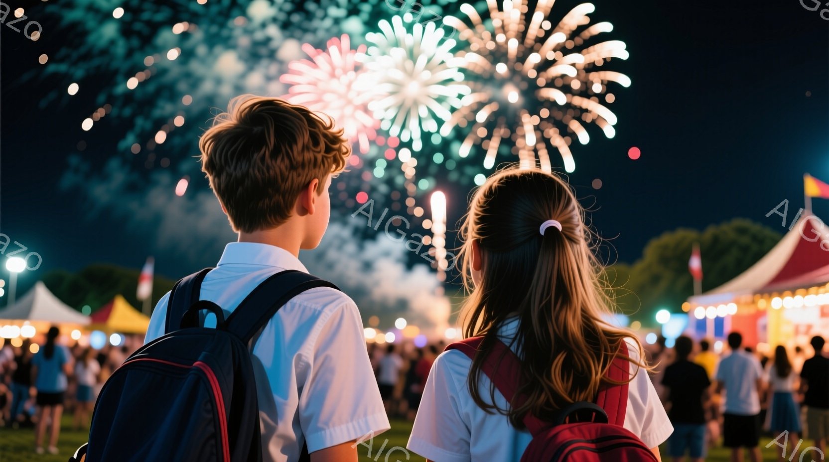 夜空に打ち上げられた花火を、後ろ姿の少年と少女が見上げている様子が写っている。少年は短い髪で白いシャツを着ており、少女はポニーテールで同じ白いシャツを着ている。背景には多くの人々や屋台がぼやけて写り、 - AI生成フリー素材