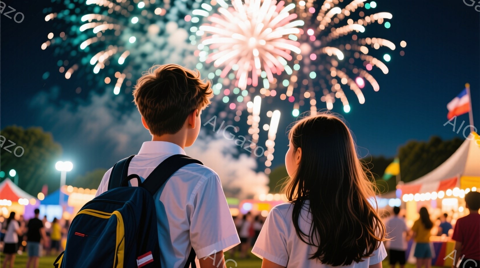 夜空に打ち上げられた花火を、後ろ姿の少年と少女が見上げている様子が捉えられています。少年は短髪で白いシャツにリュックを背負い、少女は長い黒髪で同じく白いシャツを着ています。背景には、屋台が並び、多くの - AI生成フリー素材
