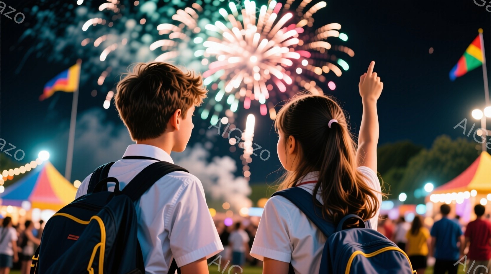 夜空に打ち上げられた花火を見上げる少年少女の背中が印象的な写真です。二人は白いシャツにズボンまたはスカート姿で、それぞれリュックサックを背負っています。背景には、多くの観客と、ライトアップされた屋台や - AI生成フリー素材