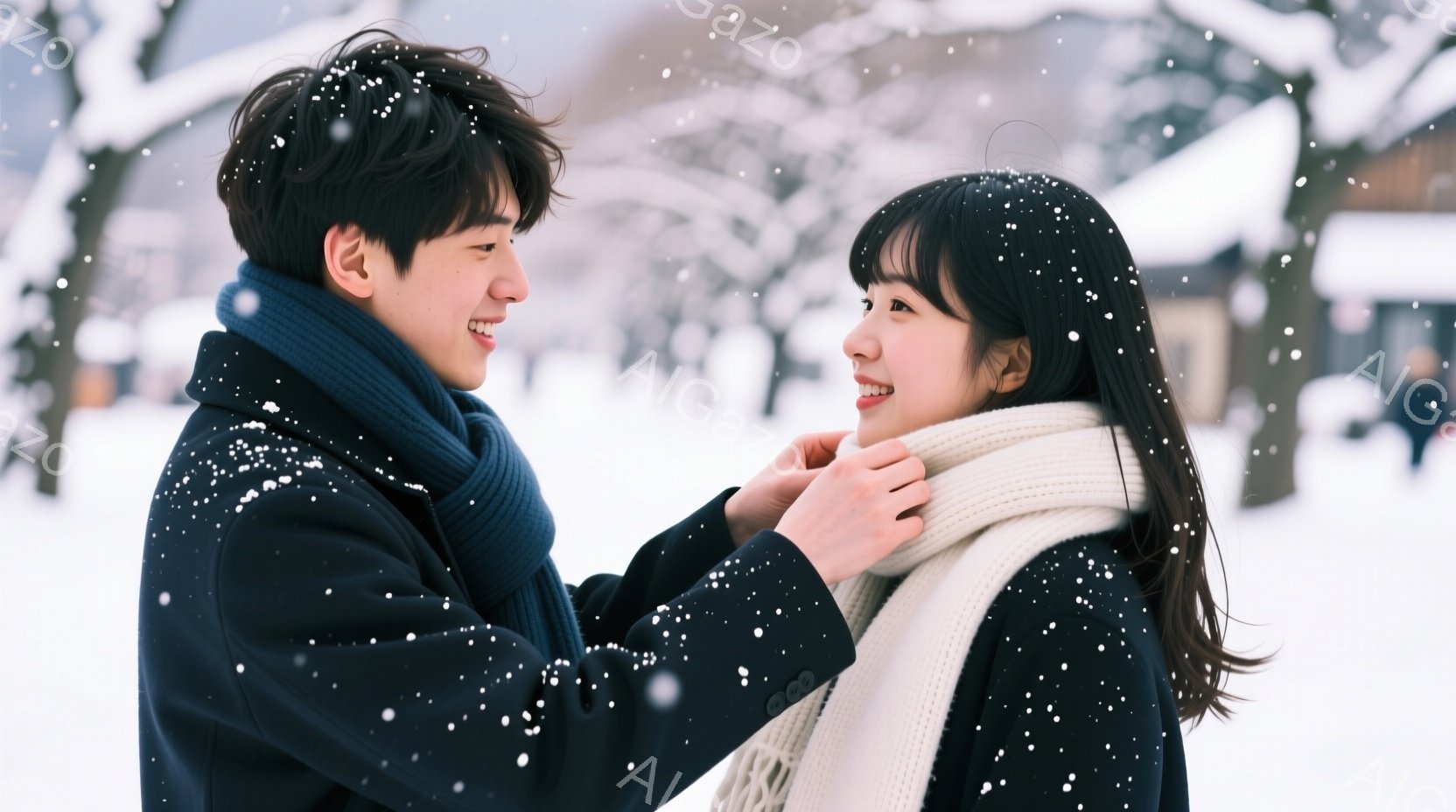 雪が降る中、若い男女が寄り添って微笑んでいます。男性は黒いコートに青いマフラーを巻き、女性は白いマフラーを首に巻き、笑顔を浮かべています。背景には雪で覆われた建物と木々が見え、温かくロマンチックな雰囲 - AI生成フリー素材