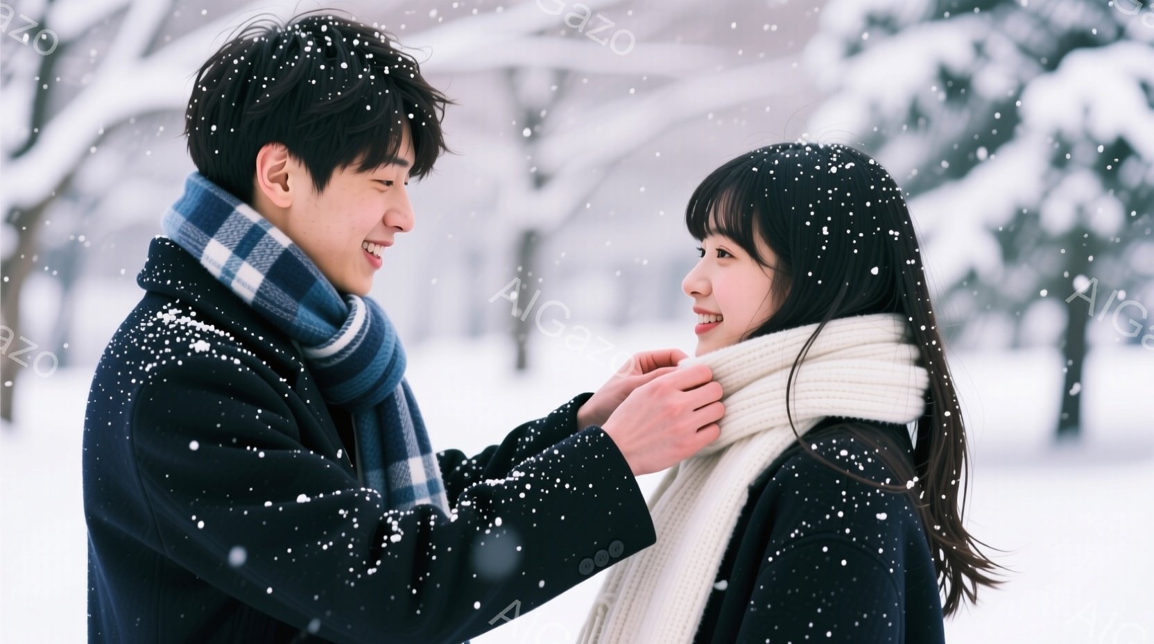 雪が舞う中で、若い男女が寄り添って微笑んでいます。男性は黒いコートにチェックのストールを巻き、女性は白いストールで首元を暖めています。背景には雪化粧された木々が広がり、穏やかで温かい冬の雰囲気が漂って - AI生成フリー素材