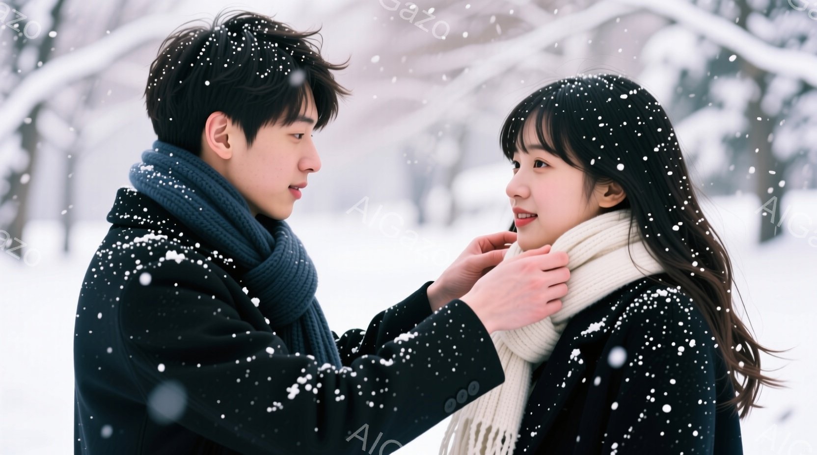 雪が降る中で、一人の男性が女性に白いマフラーを巻いてあげています。男性は黒いコートとマフラーで、女性は黒髪で、少し微笑んでいます。背景は雪で覆われた木々と白い風景で、温かく穏やかな冬の雰囲気が漂ってい - AI生成フリー素材
