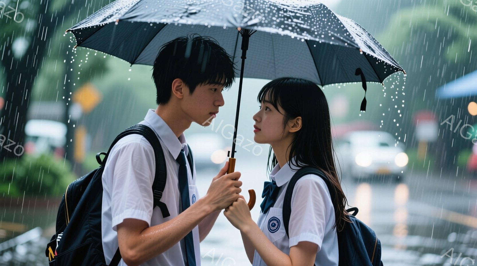 雨が降る中、制服を着た若い男女が寄り添っている。少年は黒髪で、少し下を向いて何かを考えているような表情をしている。少女はロングヘアで、彼を見つめており、少し緊張した様子がうかがえる。背景にはぼやけた建物や木々が見え、雨粒が画面全体に降り注いでいる。