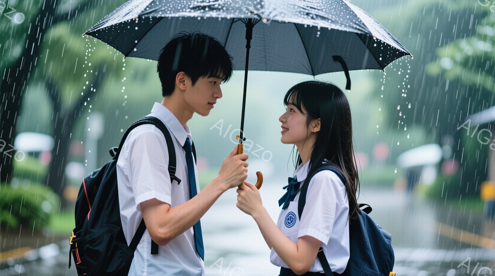 雨が降る中、制服を着た若い男女が寄り添い、傘を共有している。男の子は白いシャツにネクタイ、黒いリュックサックを背負い、少し微笑んでいる。女の子は白いブラウスにリボン、黒いリュックサックを背負い、見上げながら微笑んでおり、背景にはぼやけた建物や緑が見える、青春を感じさせる雰囲気の画像だ。