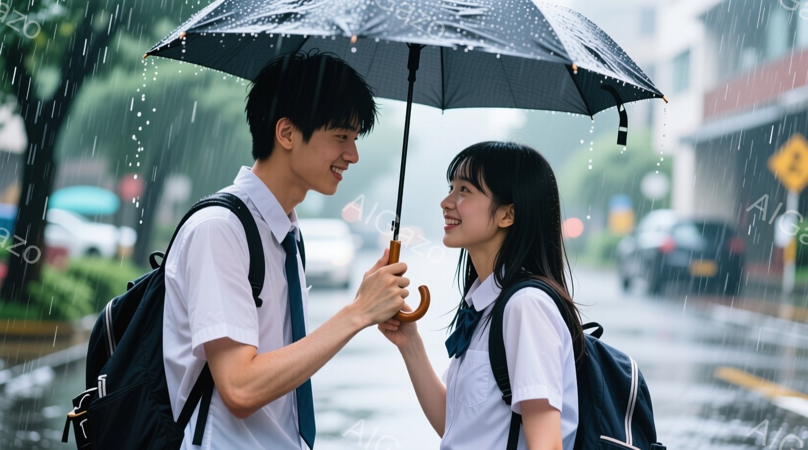 雨が降る中、制服を着た若い男女が寄り添い、笑顔を浮かべている。男の子は黒髪で、白いシャツにネクタイ、リュックサックを背負っている。女の子も黒髪で、同じ制服を着ており、男の子を見上げている背景には建物や木々が見え、雨の日の少しロマンチックな雰囲気が漂っている。