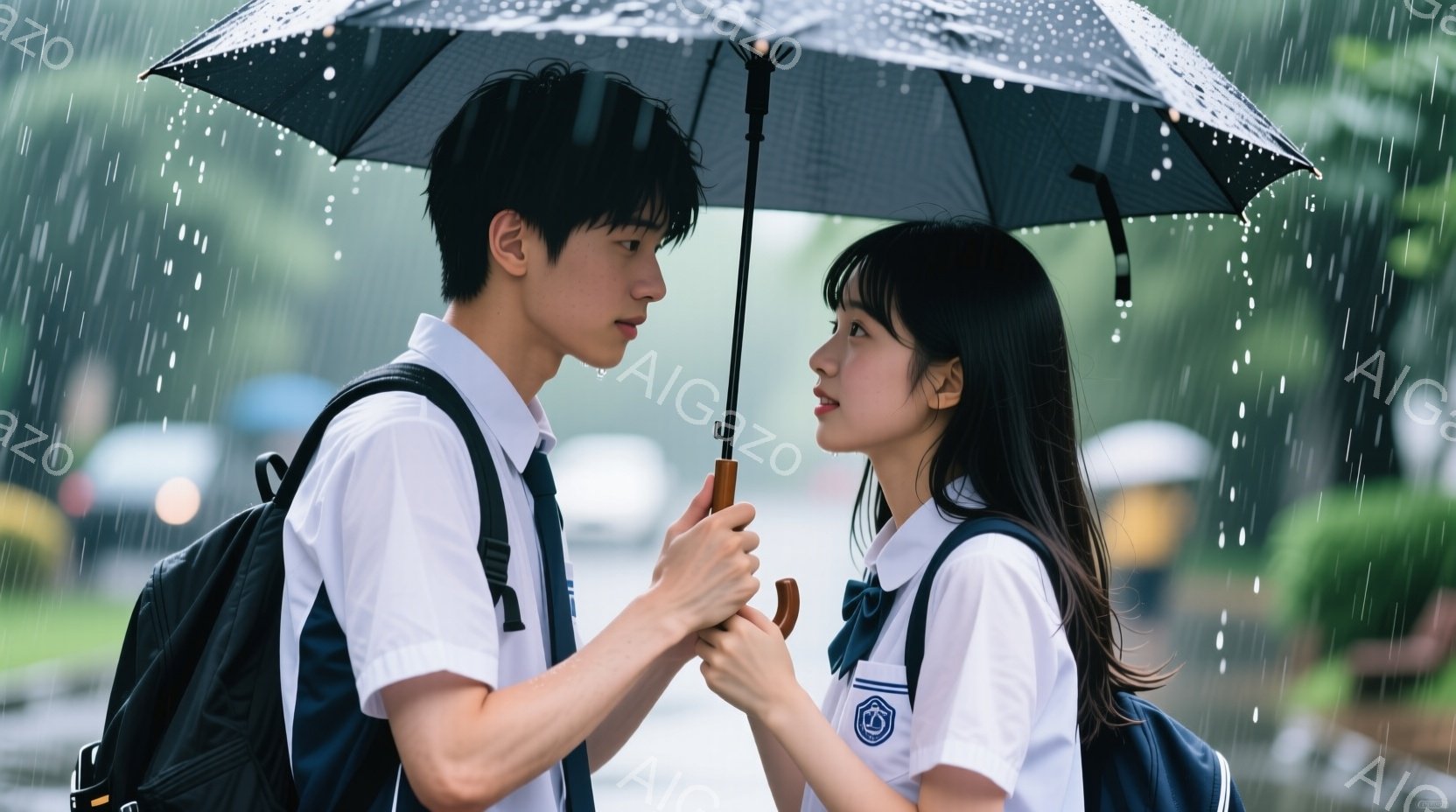制服を着た若い男女が雨の中で寄り添っている。男の子は黒髪で、少し緊張した表情で女の子を見つめ、女の子は長い黒髪で、少し照れたような笑顔を浮かべている。背景には緑豊かな木々と、雨に濡れた道路が見え、ロマンチックで少し切ない雰囲気が漂っている。