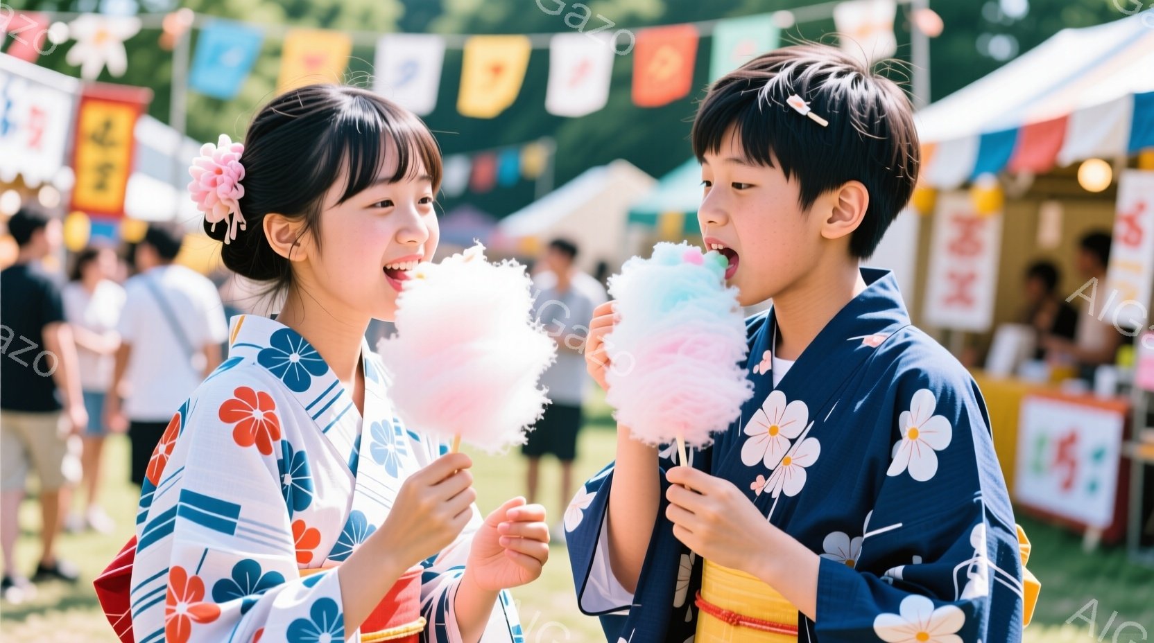 浴衣を着た少年少女が、ふわふわの綿菓子を手に楽しそうに笑っています。少女はピンクの花飾りを髪につけ、少年は青い柄の浴衣を着ています。背景には、屋台が並び、お祭り会場の賑やかな雰囲気が伝わってきます。