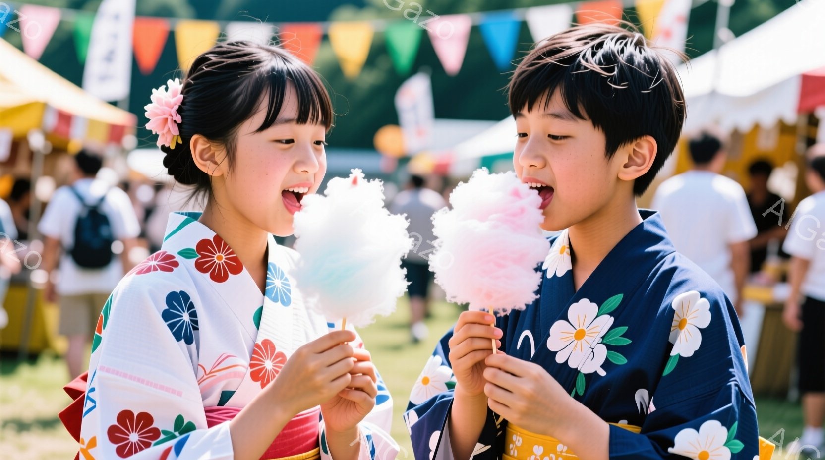 二人の子供は、それぞれピンクと紺色の花柄の浴衣を着て、綿あめを口に含んでいます。女の子は髪に花飾りをつけ、満面の笑顔で綿あめを楽しんでいる様子が伺えます。背景には緑の芝生と、お祭りらしき提灯やテントが - AI生成フリー素材