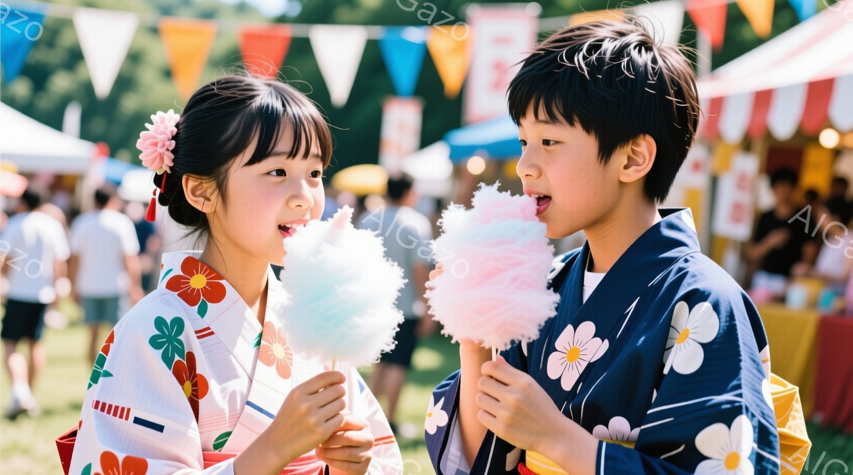 少女と少年は、それぞれ赤い花柄の浴衣と青い花柄の浴衣を着て、綿菓子を持って楽しそうに微笑んでいます。二人は向き合い、綿菓子を少し離して見つめ合い、まるでそれが何かの生き物のように見ているようです。背景には、たくさんの人がいる賑やかなお祭りの様子が見え、晴れた空の下、緑の芝生が広がっています。
