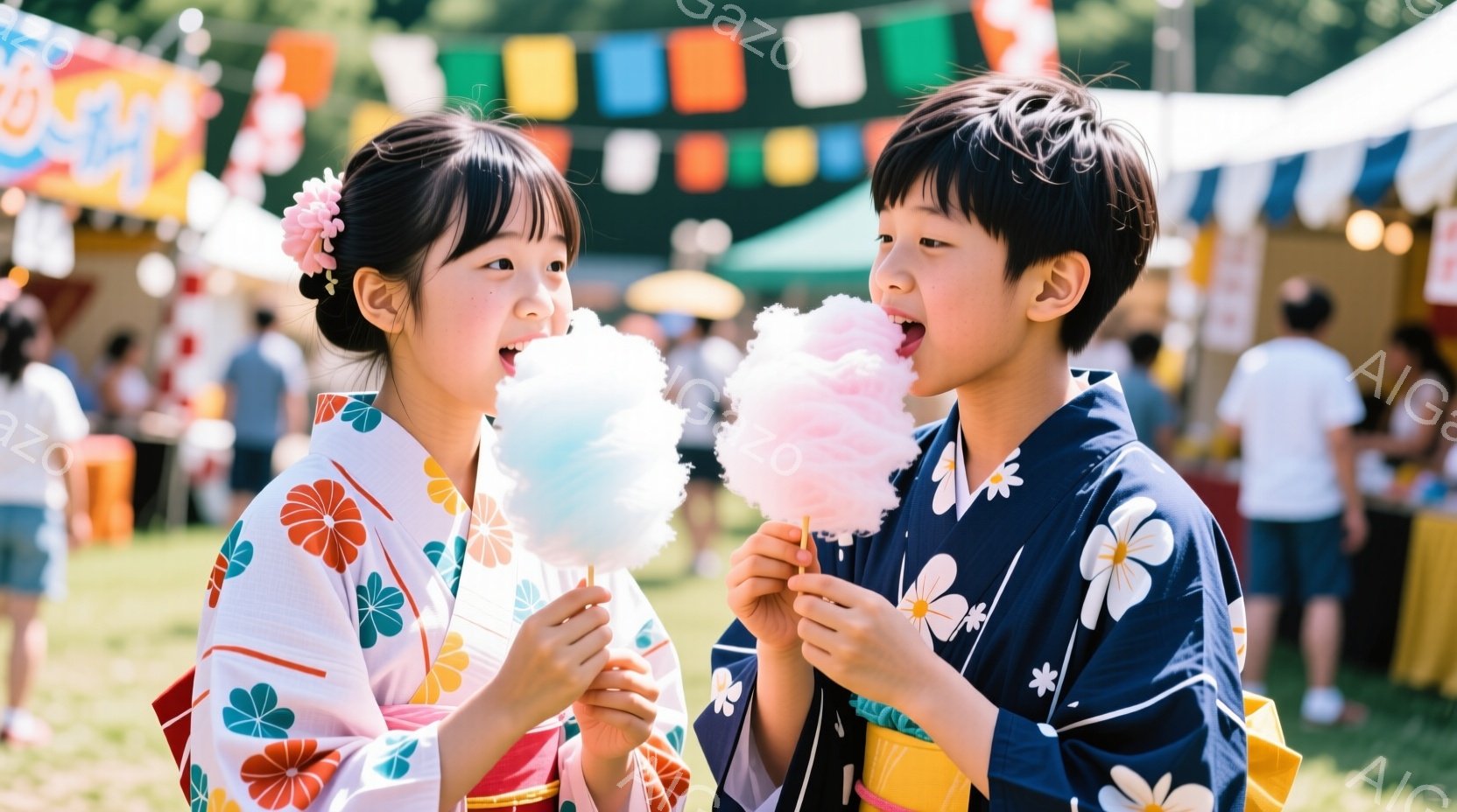 浴衣を着た二人の子供が、それぞれピンク色の綿菓子を持って楽しそうに微笑んでいます。女の子は赤い髪飾りをつけ、明るい表情で綿菓子を見つめています。背景には、緑の芝生と、屋台が並ぶお祭りの賑やかな様子が見え、晴れた空の下、活気のある夏祭りの雰囲気が伝わってきます。