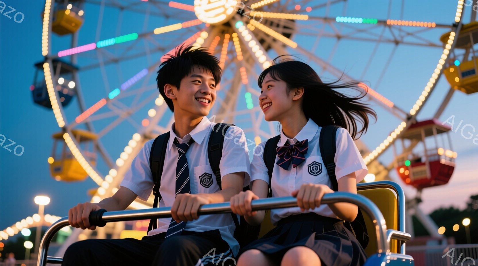 制服を着た男女が遊園地の観覧車に乗っている写真です。二人は笑顔で互いを見つめ、幸せそうな表情をしています。背景には色とりどりのライトが輝く観覧車と、夕焼け空が広がっており、ロマンチックで温かい雰囲気が - AI生成フリー素材