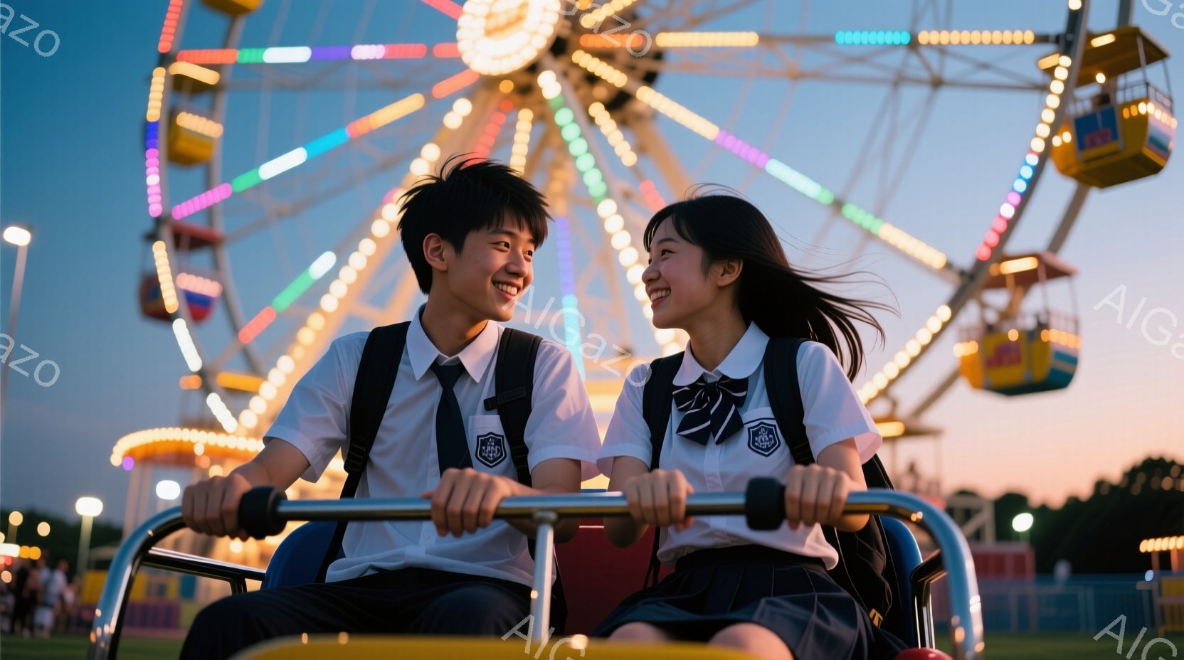 制服を着た男女が遊園地の乗り物に乗って楽しそうに笑っています。男性は黒髪で、女性は長い髪をなびかせ、互いに微笑み合っています。背景には、カラフルなライトアップされた観覧車や緑豊かな木々が見え、夕暮れ時の遊園地の賑やかな雰囲気が伝わってきます。