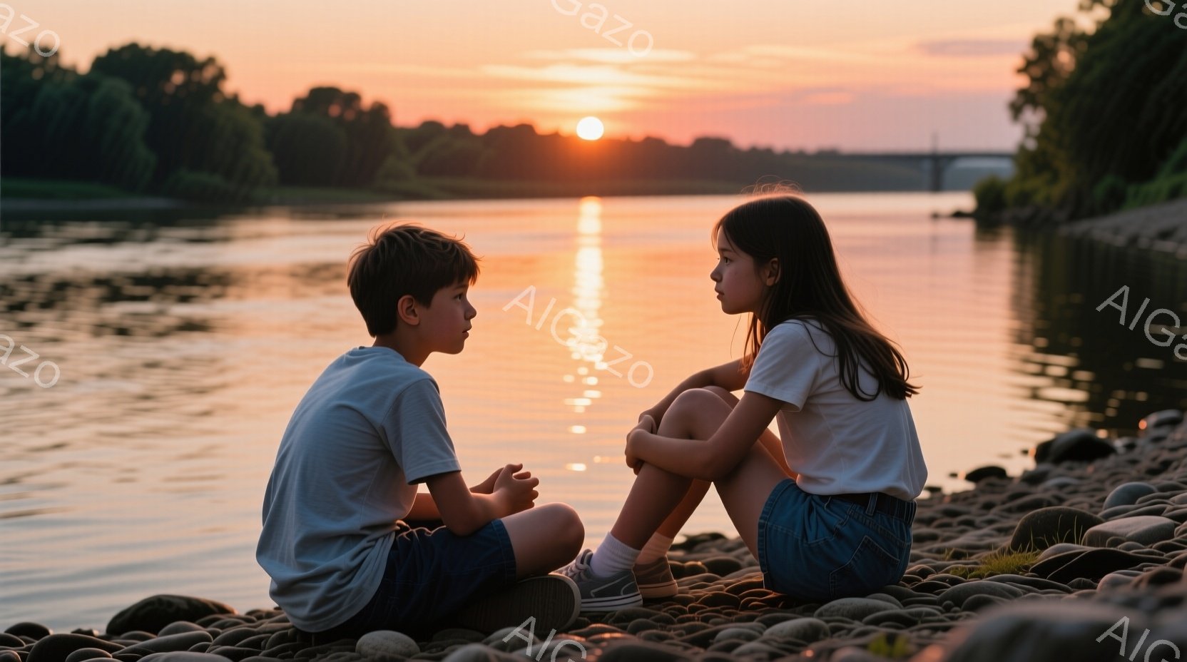 少年と少女が河原の小石の上に座り、互いに見つめ合っている。少年は白いTシャツに短い紺色のズボン、少女は白いTシャツにデニムのスカートを着ており、それぞれ短い髪をしている。背景には穏やかな河川が広がり、夕焼け空が水面に反射して、全体的に静かで物憂げな雰囲気を醸し出している。