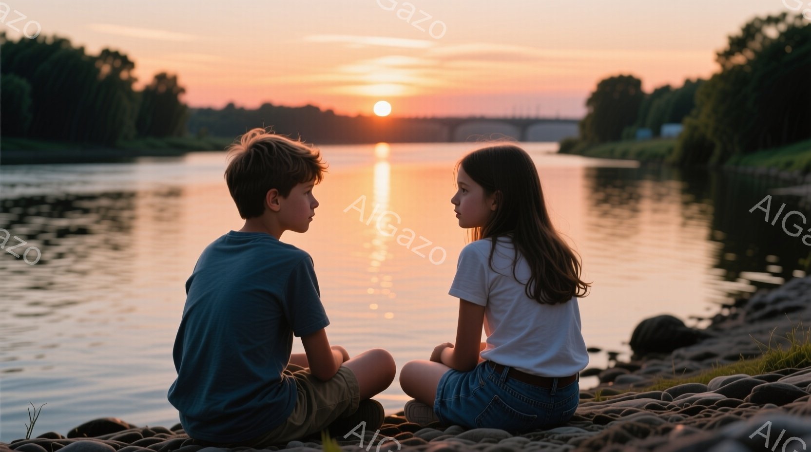 少年と少女が、石が敷き詰められた川岸に並んで座っており、互いに顔を合わせずに遠くを見つめている。少年は青いTシャツとカーキ色のショートパンツを着ており、髪は短く、少女は白いTシャツとジーンズを着て、長くストレートの黒髪をしている。背景には穏やかな川と夕焼け空が広がり、遠くには橋が見え、全体的に静かで物憂げな雰囲気が漂っている。
