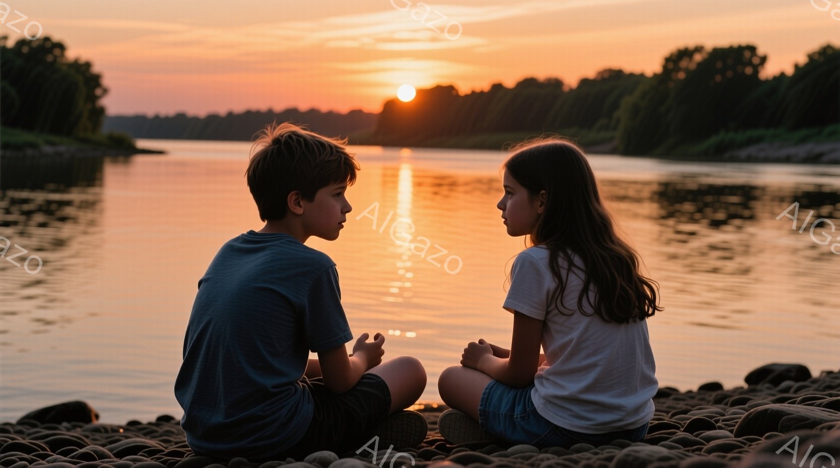 少年と少女が岩場で膝を抱えて座っており、互いに向き合っています。少年は青いTシャツと黒い短パンを着ており、少しうつむき加減で、少女は白いTシャツと短い水色のズボンを着用し、同じように少し視線を落として - AI生成フリー素材