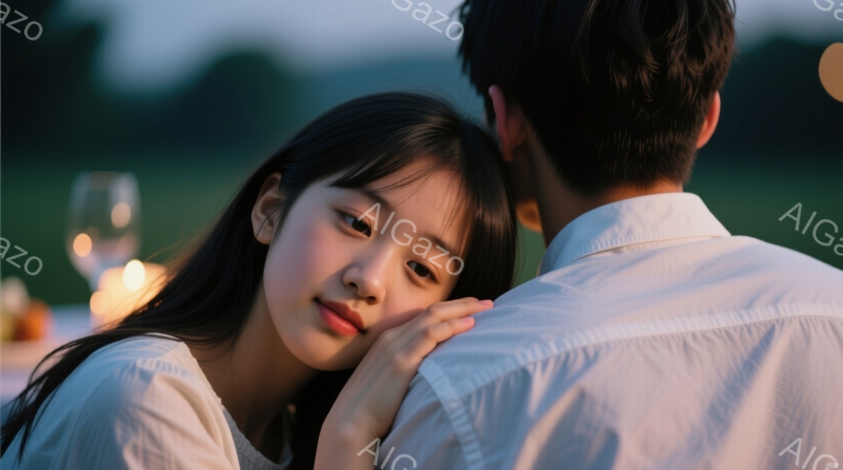 白いブラウスを着た若い女性が、白いシャツを着た男性の肩にもたれている様子が写っています。彼女は少し微笑んでおり、柔らかな表情でカメラを見つめています。背景にはぼやけたテーブルと、いくつかのろうそくの光が見え、穏やかでロマンチックな雰囲気を醸し出しています。