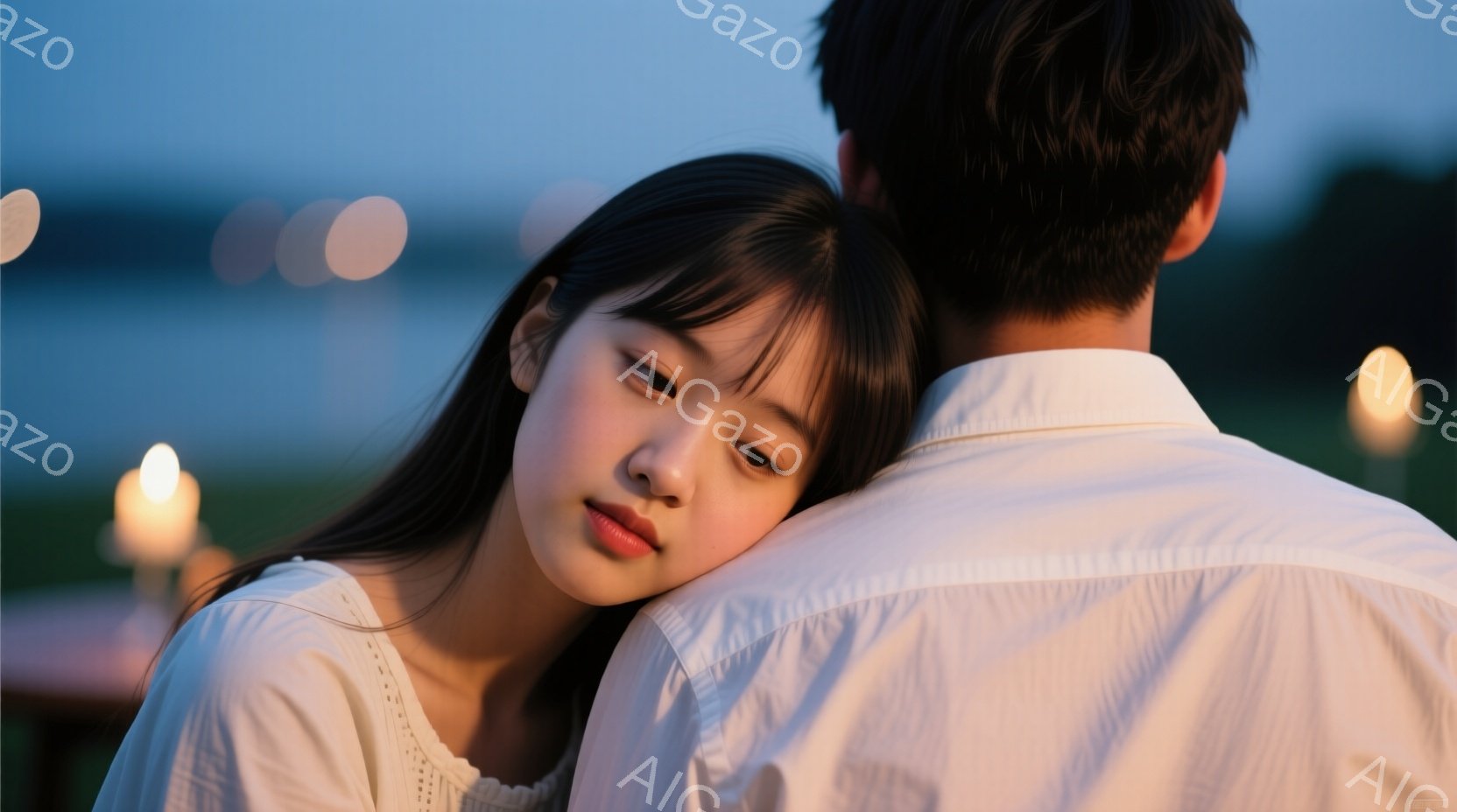 若い女性が男性の肩に寄りかかっており、彼女は白いレースの襟のブラウスを着ています。彼女の黒髪は肩にかかり、少し憂いを帯びた表情をしています。背景には、ぼやけた光の中で自然の風景が広がり、穏やかでロマンチックな雰囲気を醸し出しています。