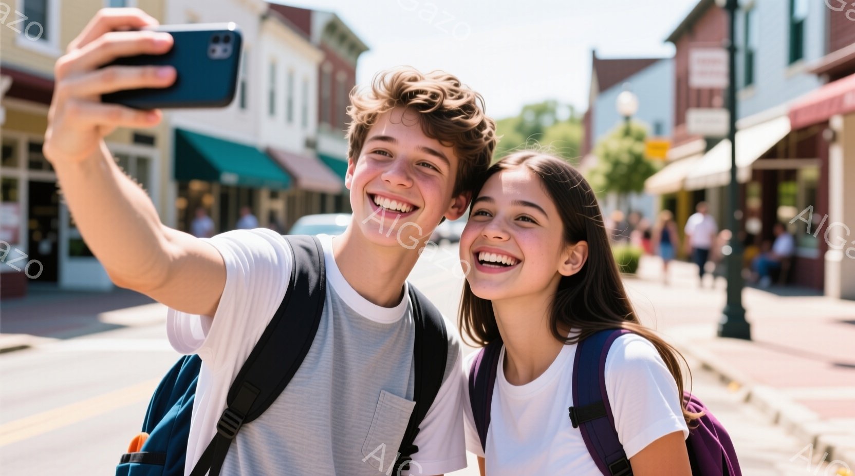少年と少女が、石畳の通りでセルフィーを撮っています。少年は巻き毛で白いTシャツ、少女は髪を後ろで束ねて同じ白いTシャツを着ており、二人ともリュックを背負っています。背景には古いレンガ造りの建物が並び、晴れた空の下、活気に満ちた雰囲気です。