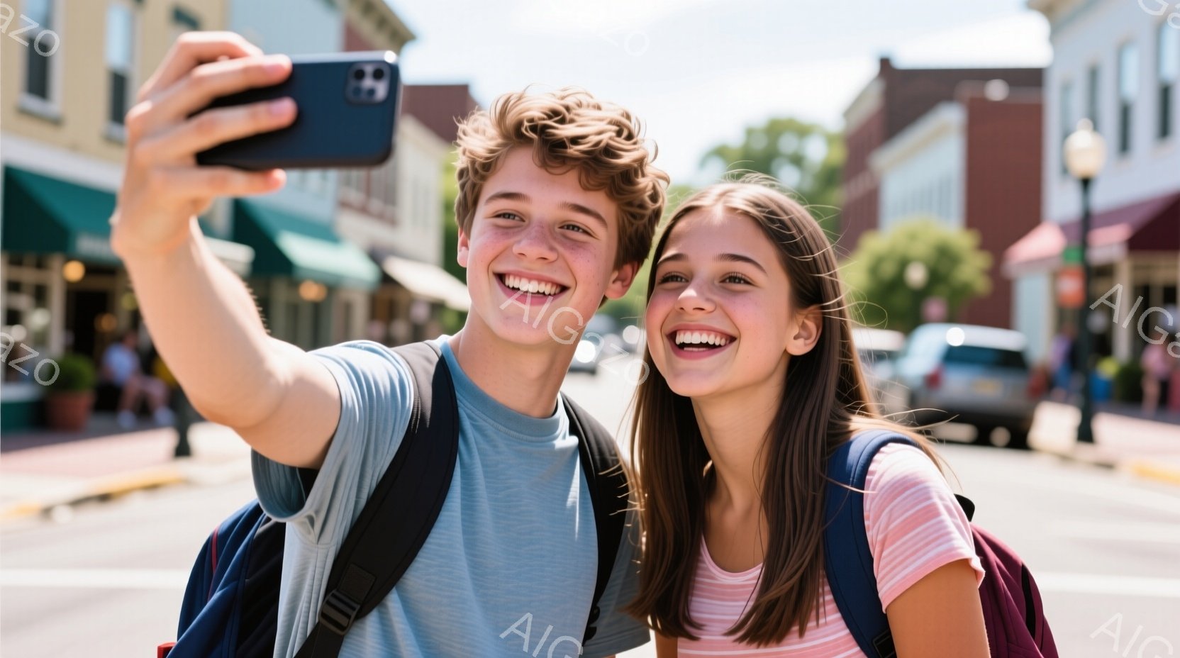 若い男女が自撮りをしており、両者とも満面の笑みを浮かべている。少年は青いTシャツを着ており、巻き毛の髪型をしている。少女は白とピンクのストライプのTシャツを着ており、長くストレートの髪が肩にかかってい - AI生成フリー素材