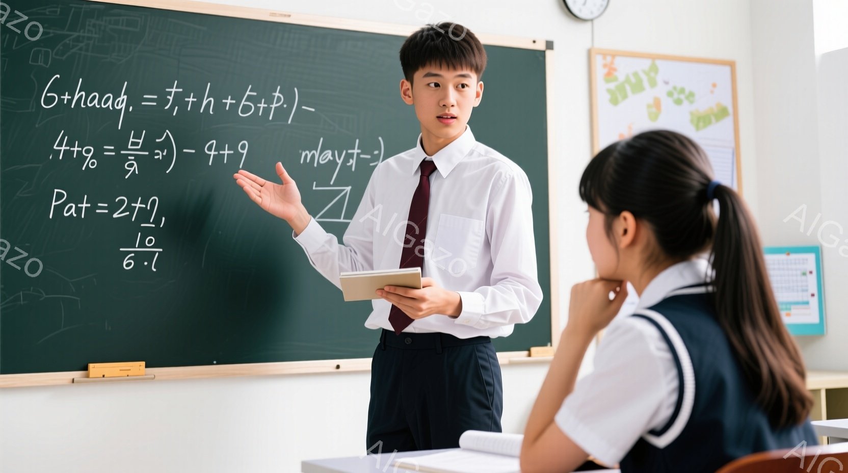 制服を着た男子生徒が、黒板の前で何かを説明している様子が写っています。彼は、白シャツにネクタイ、紺色のブレザーを着ており、片手にタブレットを持っています。背景には、数式が書かれた黒板と、机に座っている女子生徒が見え、教室の明るく清潔な雰囲気が感じられます。