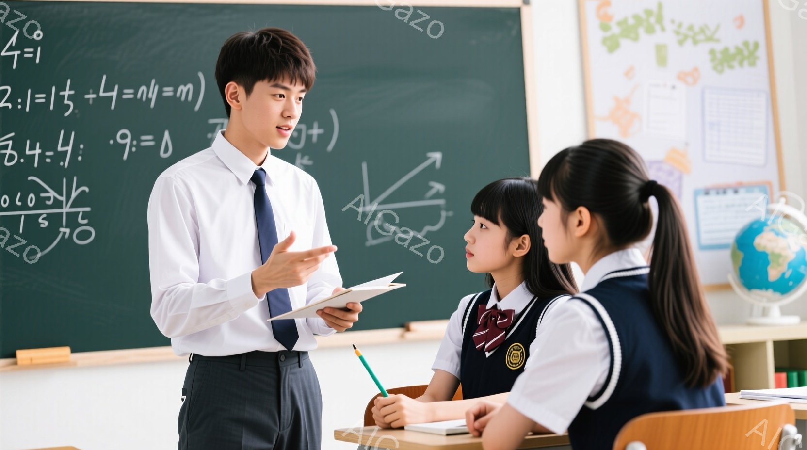 教室で、若い男性教師が書類を手に立って何かを説明しています。彼は白シャツにネクタイ、黒いズボンを着用し、真剣な表情で前を見据えています。生徒の一人は黒髪をポニーテールにし、制服を着て机に座り、先生の方を見て注意深く聞いています。