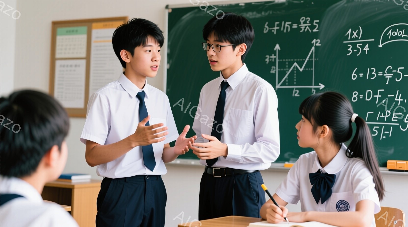 制服を着た男子生徒が黒板の前で説明をしている様子が写っています。彼は青いネクタイと紺色のズボンを着用し、片手を挙げて熱心に話しています。周囲には同じ制服の女子生徒がおり、一人でノートに書き込み、もう一人は彼の方を見ています。