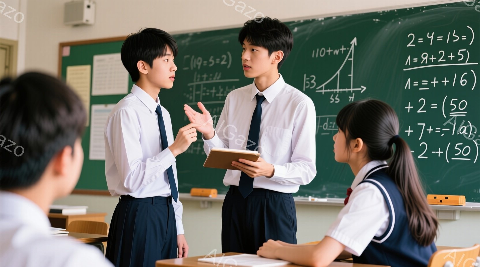 教室で、男子生徒がタブレットを手にしながら、女子生徒に向けて何か説明している様子が描かれています。男子生徒は制服姿で、少し真剣な表情で身振り手振りを交えて話しており、女子生徒は彼を見つめながら、何かメモを取る準備をしているようです。背景には黒板があり、数学の式が書かれており、教室の机や椅子が並んでいます。
