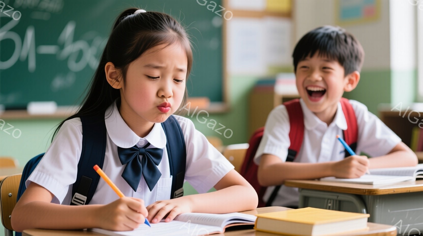 二人の小学生が教室で勉強している様子が写っている。女の子は黒い髪を後ろで一つにまとめ、集中して問題に取り組んでいるようで、少し口を尖らせた表情をしている。男の子は満面の笑みを浮かべ、楽しそうに何かを書 - AI生成フリー素材