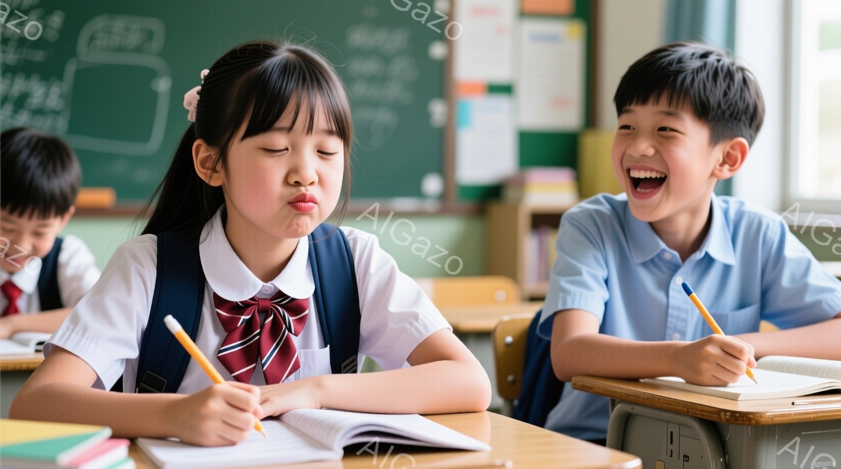 教室で、制服を着た小学生たちが机に向かっています。一人の女の子は口をすぼめて不機嫌そうな顔をしており、もう一人の男の子は満面の笑みを浮かべています。背景には黒板や机が並び、明るい雰囲気の授業風景を表しています。