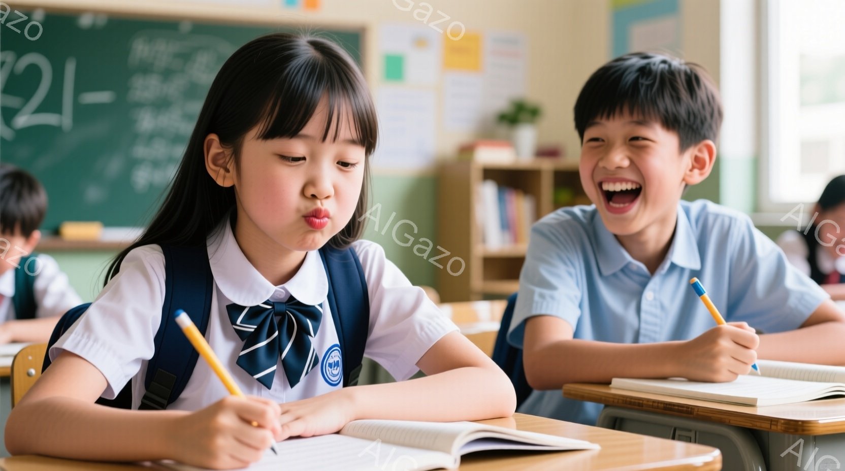 教室の様子で、一人の少女と一人の少年が机に向かって座っています。少女は濃い色のリボンがついた白いブラウスと紺色のセーターを着ており、前髪をきれいに整え、口を突き出して集中しているようです。少年は明るい - AI生成フリー素材