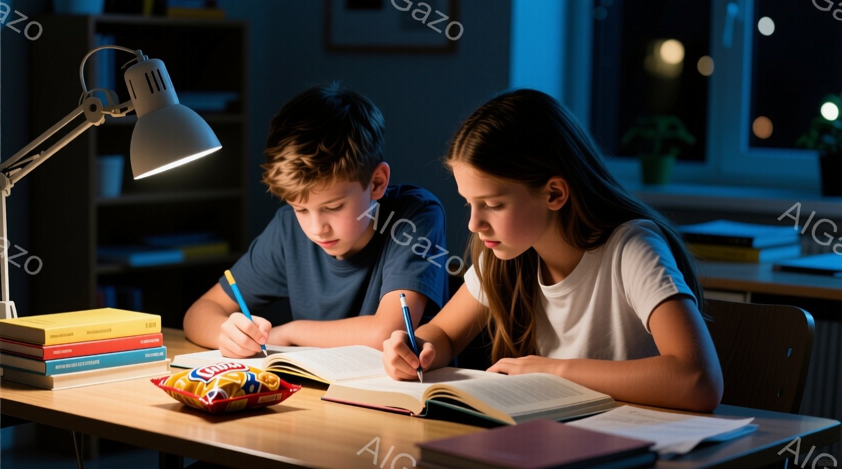 少年と少女が机に向かい、勉強をしている様子が描かれている。少年は青いTシャツを着ており、ダークブラウンの髪型で、集中してノートに書き込んでいる。少女は赤いTシャツを着て、長い茶色の髪を後ろに束ね、真剣 - AI生成フリー素材