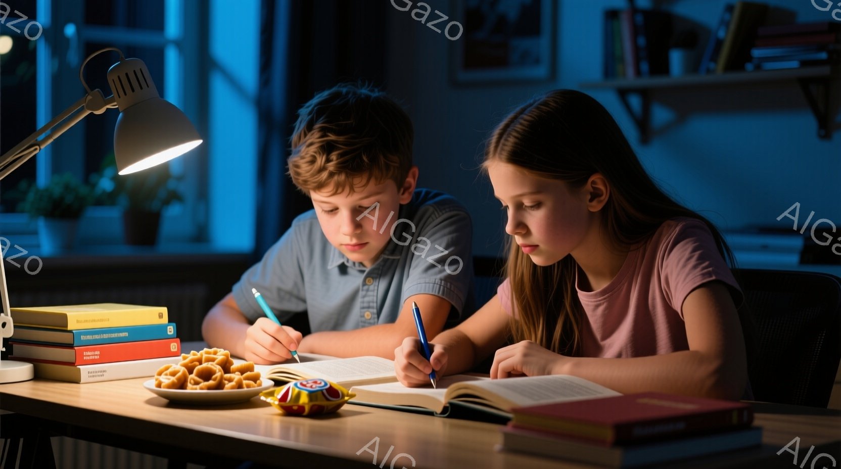年齢を重ねた女性が、小学校の制服を着た少女に料理の仕方を教えています。少年は少し離れて、楽しそうにその様子を見守っています。キッチンは明るく、料理や果物が並び、家族の温かい雰囲気が感じられます。