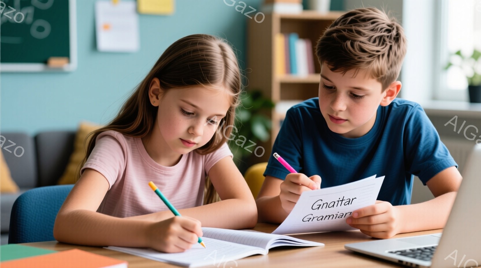 少女と少年が机に向かって勉強しています。少女はピンク色のシャツを着ており、長い茶色の髪をしています。少年は青いTシャツを着ており、ペンを手に問題に取り組んでいます。背景には本棚やクッションが見え、明る - AI生成フリー素材