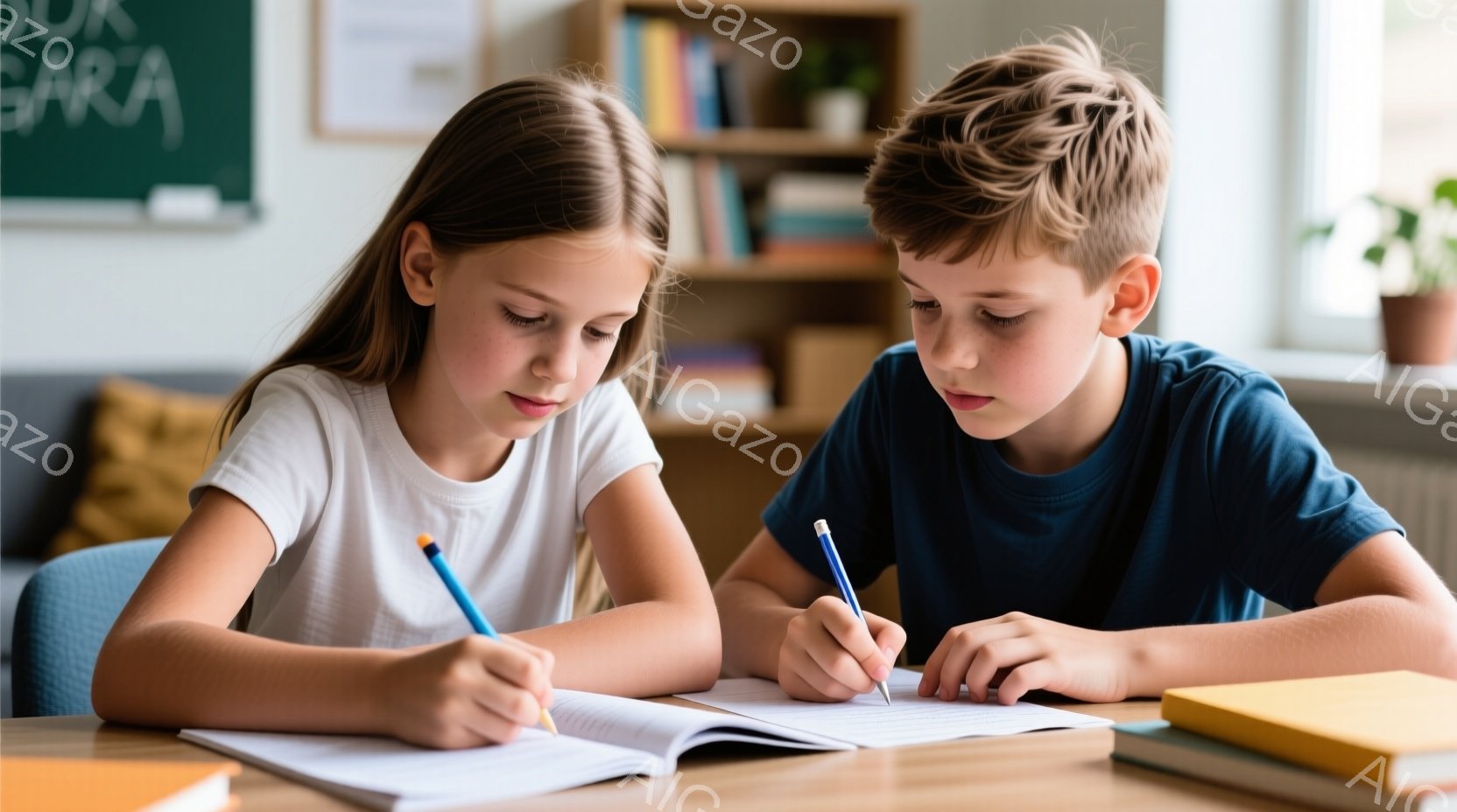 二人の子供が机に向かって書き込みをしている様子が描かれています。女の子は白いTシャツを着ており、長い茶色の髪をしています。男の子は青いTシャツを着ており、集中した表情で筆記に取り組んでいます。背景には - AI生成フリー素材