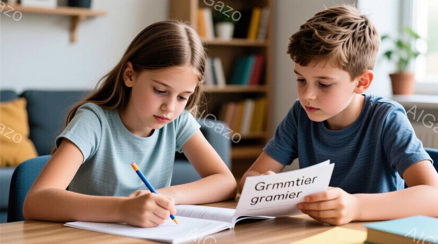 女の子と男の子が机に向かい、勉強している様子が写っている。女の子は薄いピンク色のTシャツを着ており、髪は後ろで結ばれている。男の子は濃い青色のTシャツを着ており、片手に白いカード（「Grammtier」と書かれている）を持っており、やや眉をひそめている。