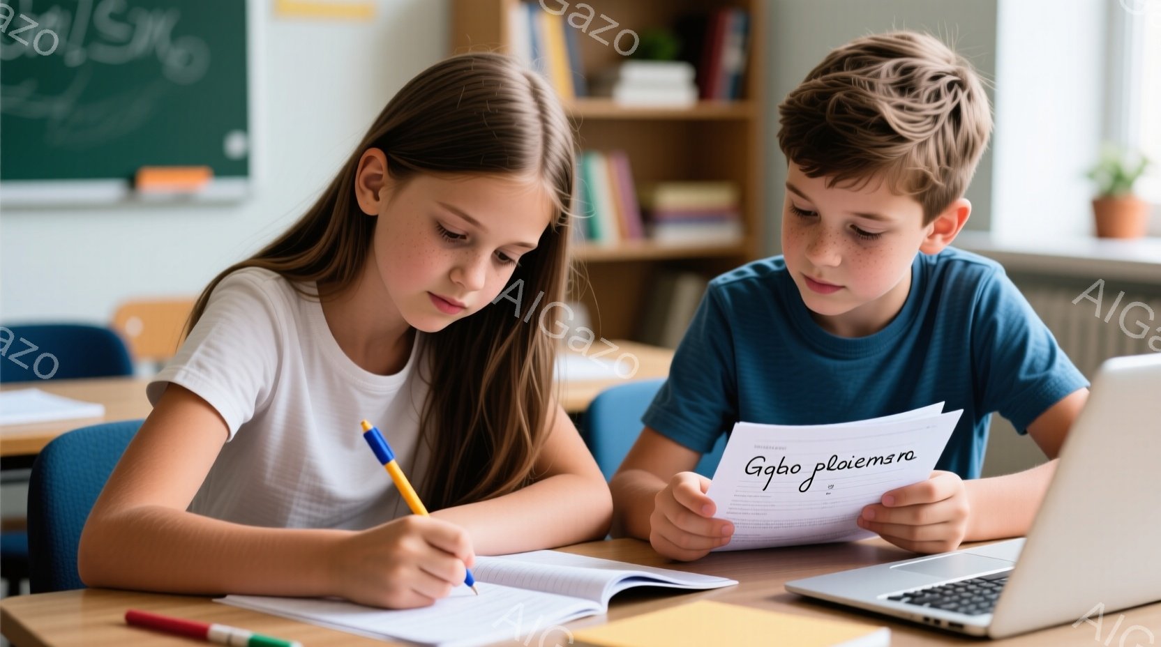 少女は茶色の髪を後ろで束ね、青いシャツを着て、集中してノートに何かを書き込んでいる。少年はそばに座り、白い紙のプリントを見ながら、やや真剣な表情をしている。背景には、開いた本棚とノートパソコンがあり、 - AI生成フリー素材