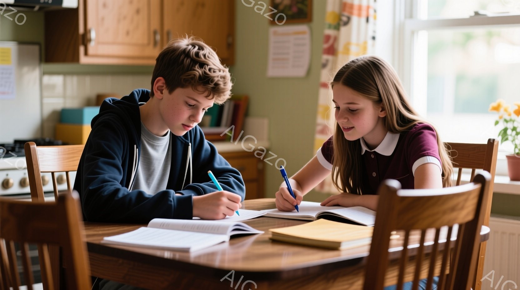 少年と少女がダイニングテーブルで宿題をしている様子が写っている。少年は濃い青色のパーカーを着ており、茶色の髪は短く整えられている。少女はポロシャツを着ており、長い茶色の髪を後ろで束ねている。