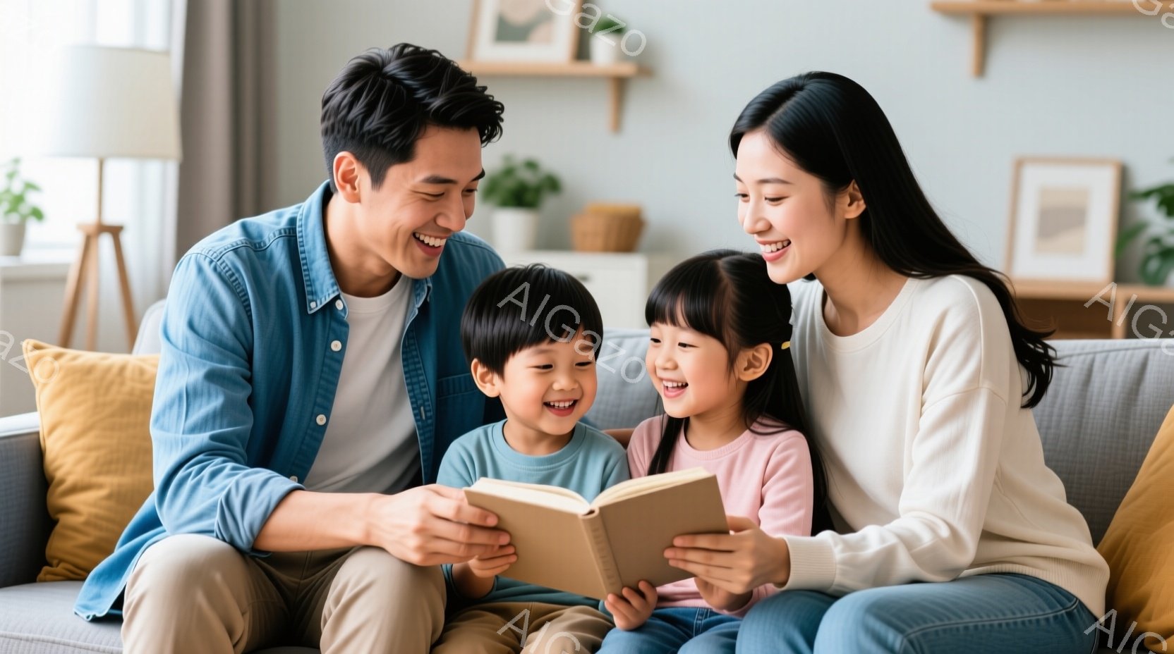 穏やかな表情の父親、母親、そして二人の子供が、明るいリビングルームで本を読んでいます。父親はベージュのズボンに水色のシャツ、母親はジーンズに白いセーターを着ており、子供たちはそれぞれ異なる色のカジュア - AI生成フリー素材