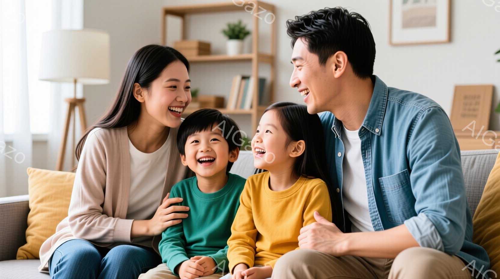 笑顔の家族がソファに座っています。母親はベージュ色の服を着て髪を後ろに流し、息子は緑色のセーターを着て、娘は黄色のセーターを着ています。背景には白い本棚と観葉植物が見え、暖かく穏やかな家庭の雰囲気が漂 - AI生成フリー素材